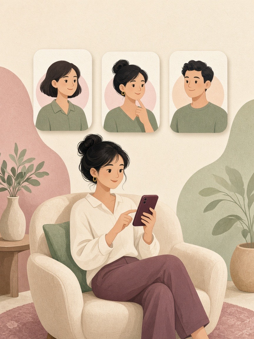 Cô gái ngồi trên ghế bành xem hồ sơ những người mai mối trên điện thoại